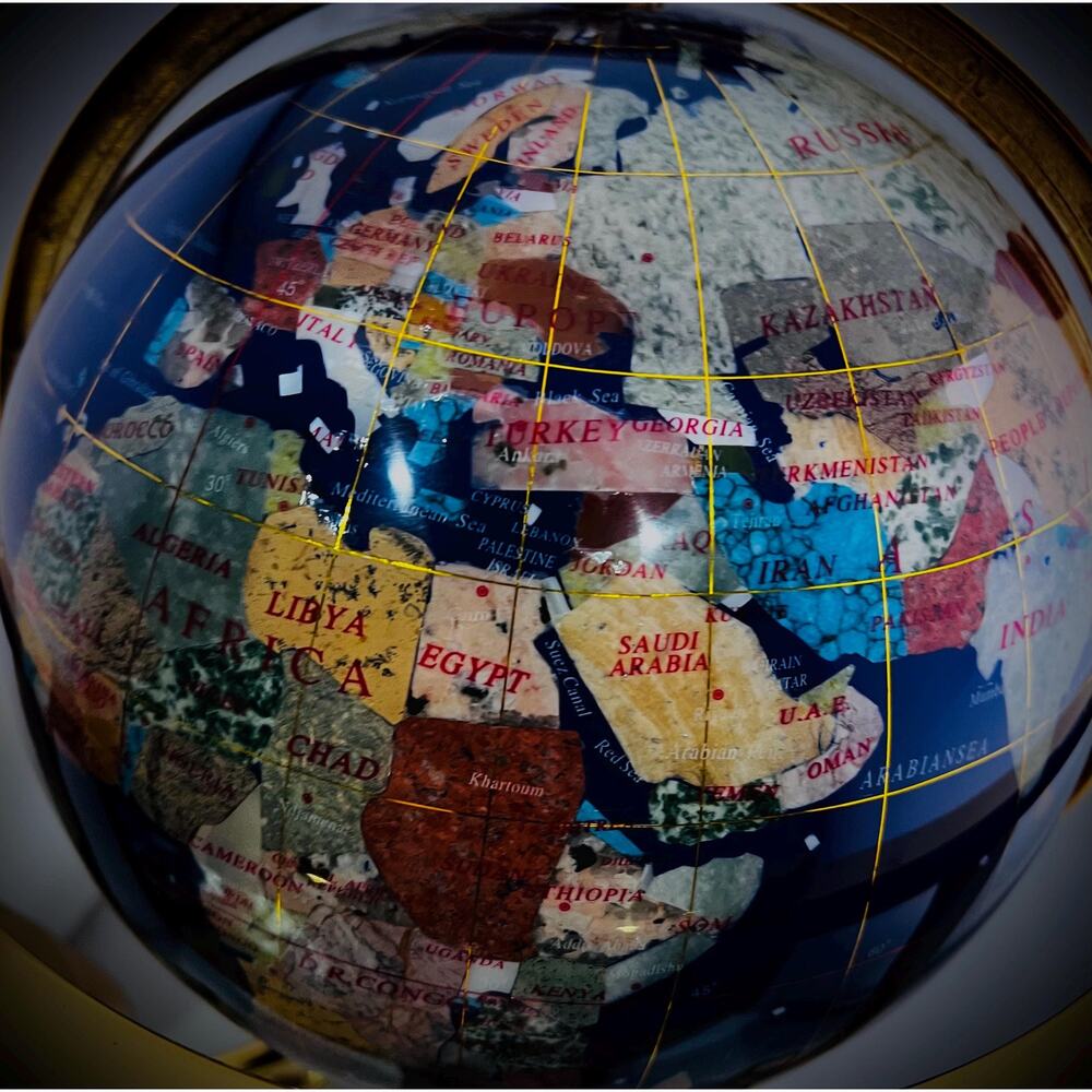 Gemstone Inlay Globe w/ Compass Base, 14” Tall – Gold-Tone Stand - Picture 4 of 10